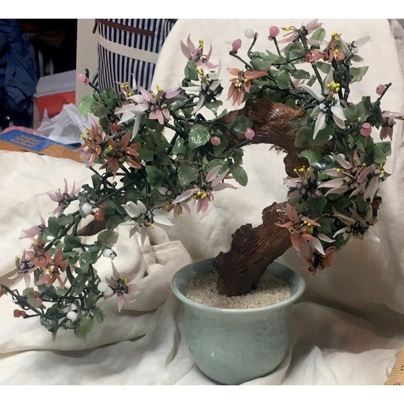 Vintage X-Large Chinese Jade Quartz Glass Cherry Blossom Bonsai Tree Celadon Pot